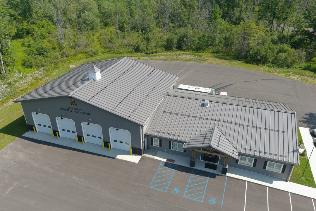 drone photo of a volunteer fire department building